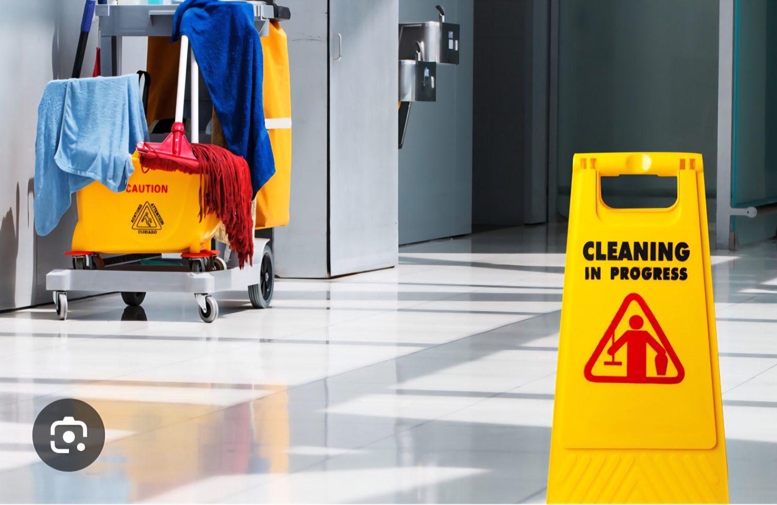 Floor cleaning cart and cleaning-in-progress sign on a tiled floor